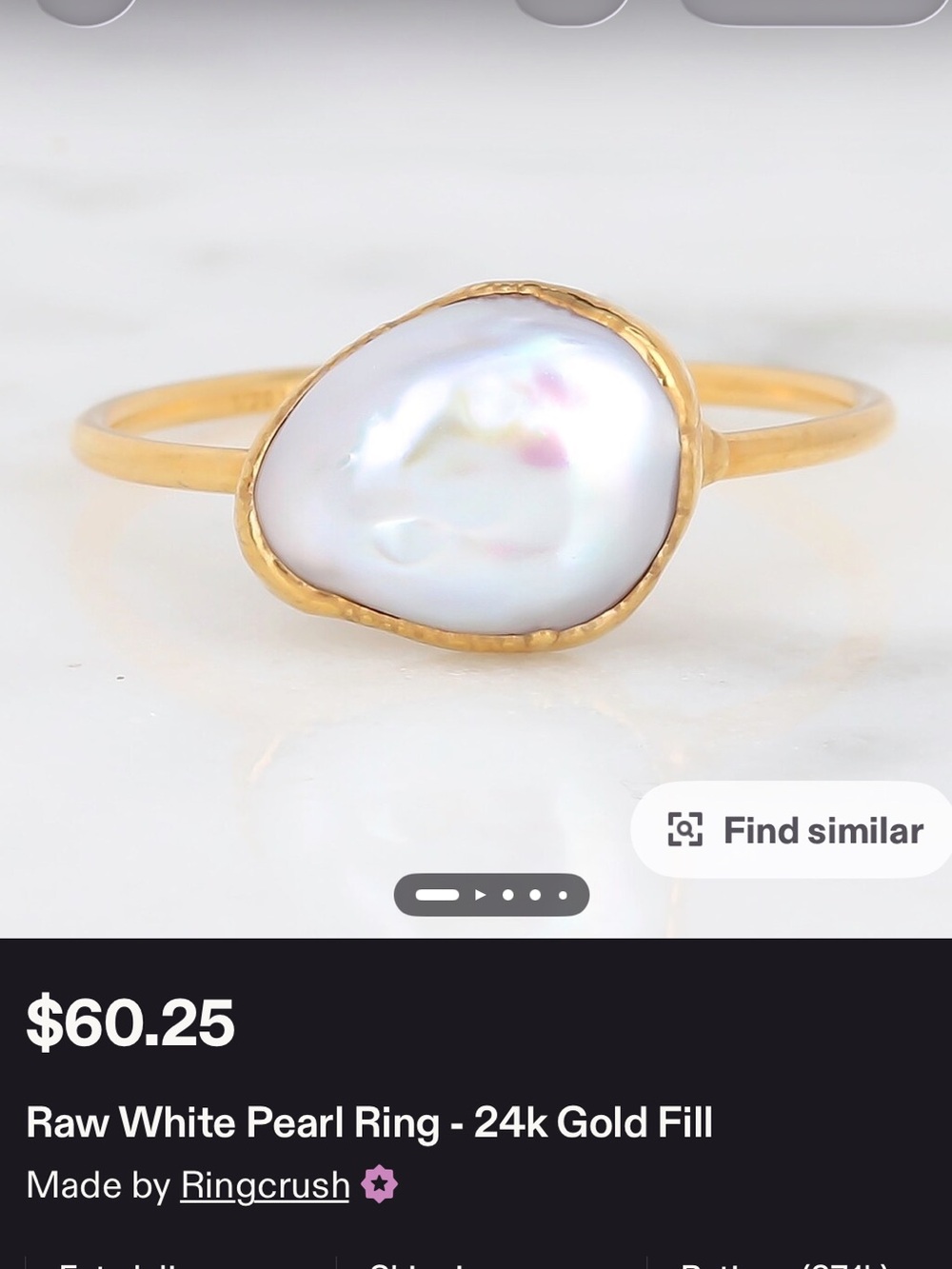 Ringcrush 24K Gold Filled White Pearl Ring and Black Pearl Drop Earrings - Picture 4 of 7